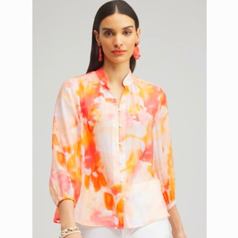 Chicos Pintuck Collar Shirt Watercolor Blend Alabaster Orange Pink Blouse 2 L 12